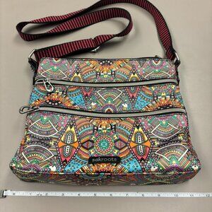 Sakroots Crossbody 3 Zippers Artists Circle Pink Black Strap waxed canvas